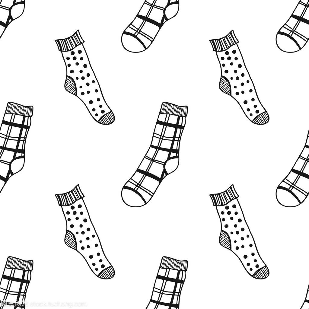 襪子。黑白無縫圖案, 用于著色書籍和頁面。針織服裝。矢量插圖